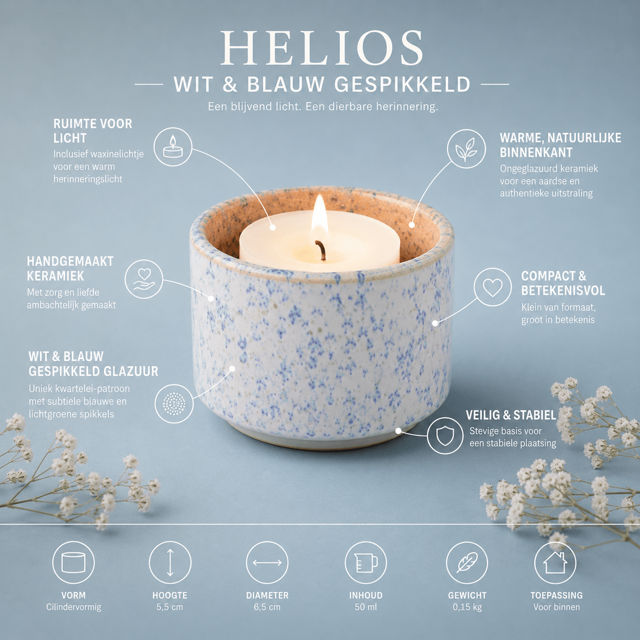 HELIOS - Handgemaakte mini - urn wit & blauw gespikkeld keramiek + kaarslicht - Memoriva