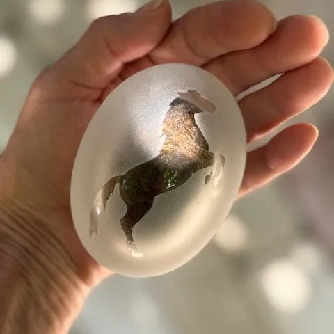 PEBBLE Ovaal Frosted – Transparant met Steigerend Paard - Memoriva