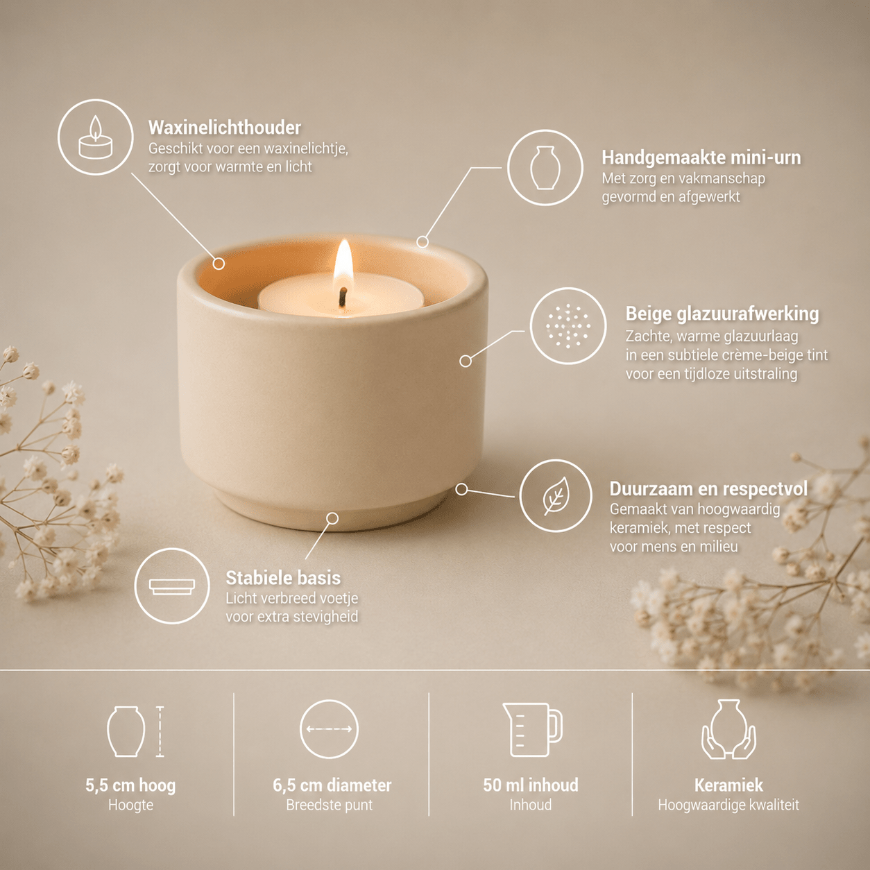 HELIOS - Handgemaakte mini - urn beige keramiek + Kaarslicht - Memoriva