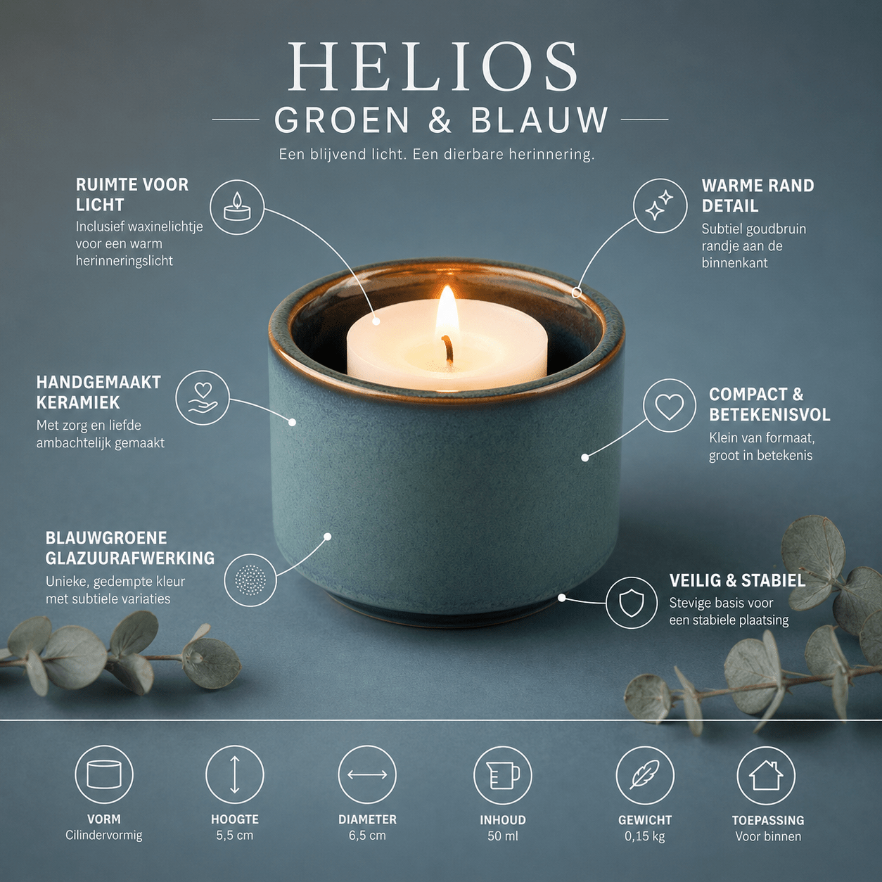 HELIOS - Handgemaakte mini - urn groen blauw keramiek + kaarslicht - Memoriva
