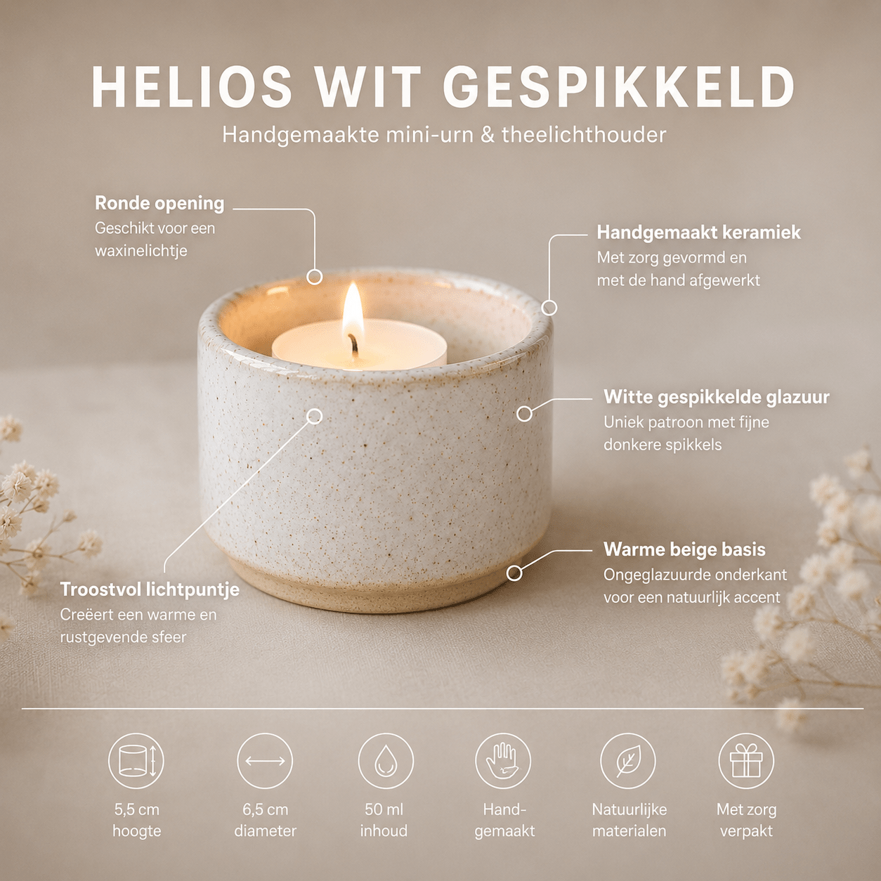 HELIOS - Handgemaakte mini - urn wit gespikkeld keramiek + kaarslicht - Memoriva