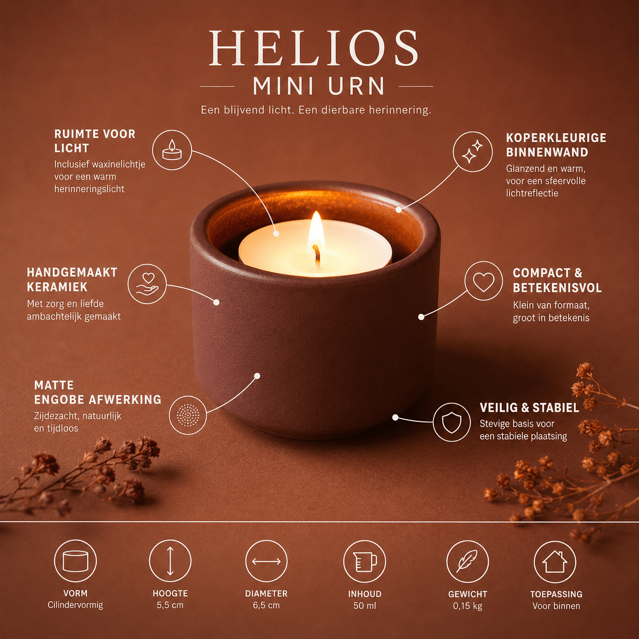HELIOS – Handgemaakte Mini Urn met Kaarslichthouder in Roodbruin Engobe - Memoriva