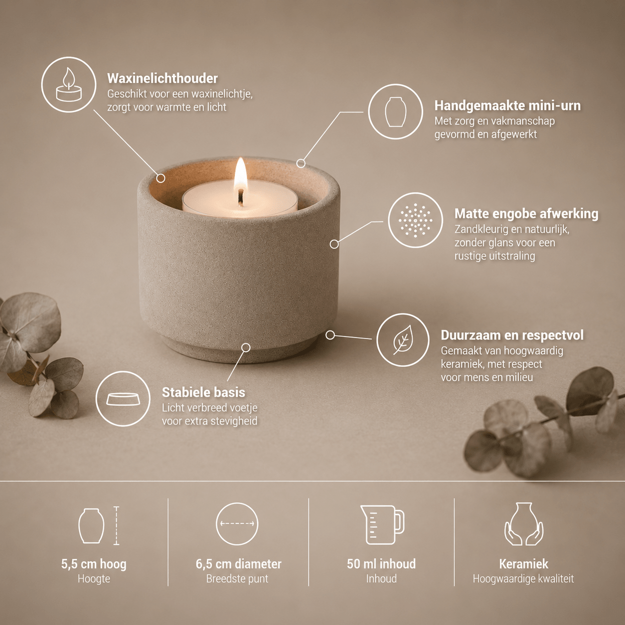 HELIOS - Handgemaakte mini - urn zandkleurig keramiek + kaarslicht - Memoriva