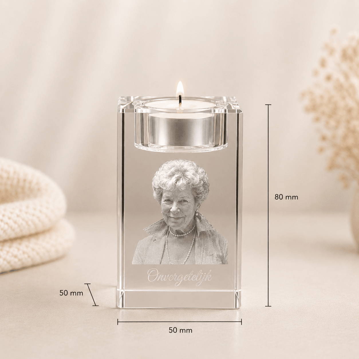 Kristalglas waxinelichthouder met foto gravure - Rechthoek verticaal - Memoriva