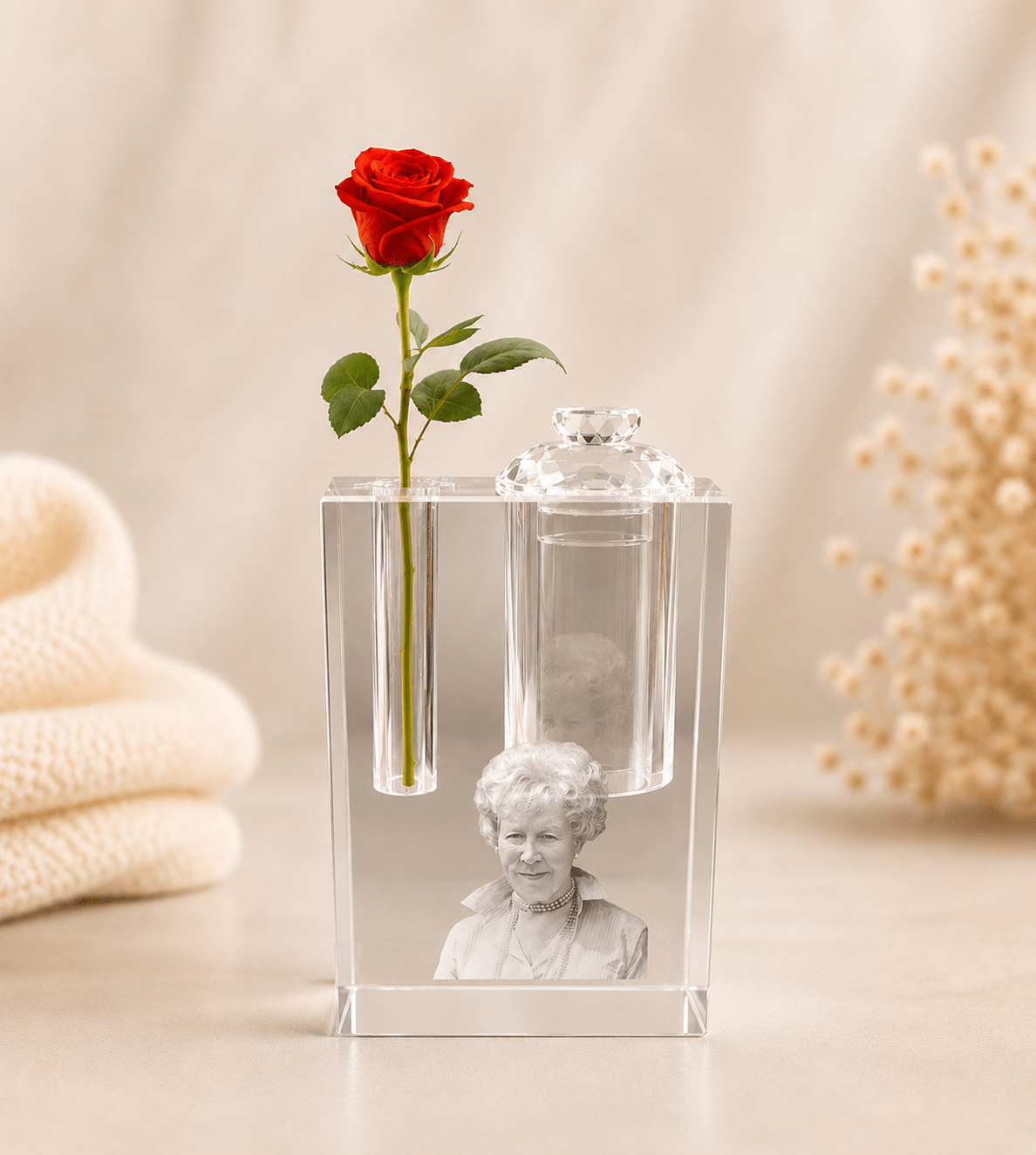 HERINNERINGSBLOK - Kristalglas met Waxinelichthouder en Bloemenvaasje - Memoriva